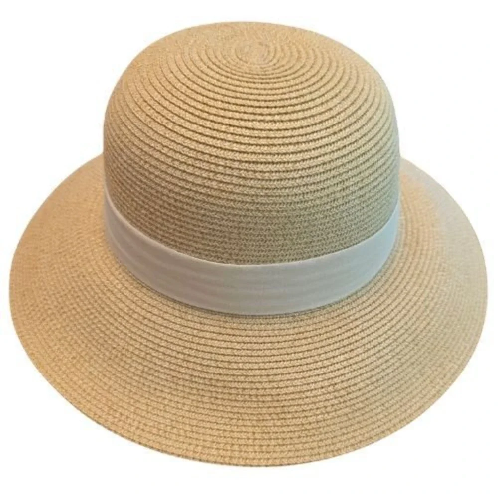 Furtalk Womens M/L Woven Straw Wide Brim Sun Hat White Ribbon Adjustable Strap